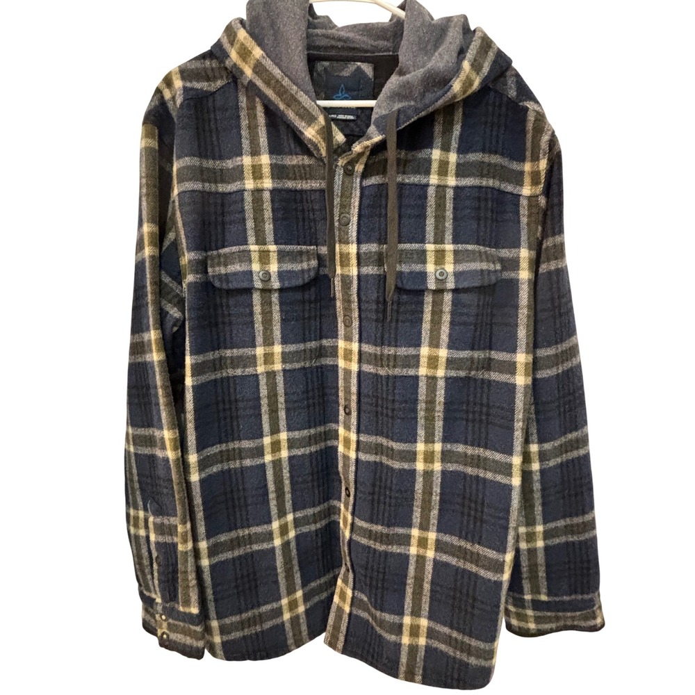 Prana Mens XL Bolster Hooded Flannel Jacket Blue Green Plaid Snap Front